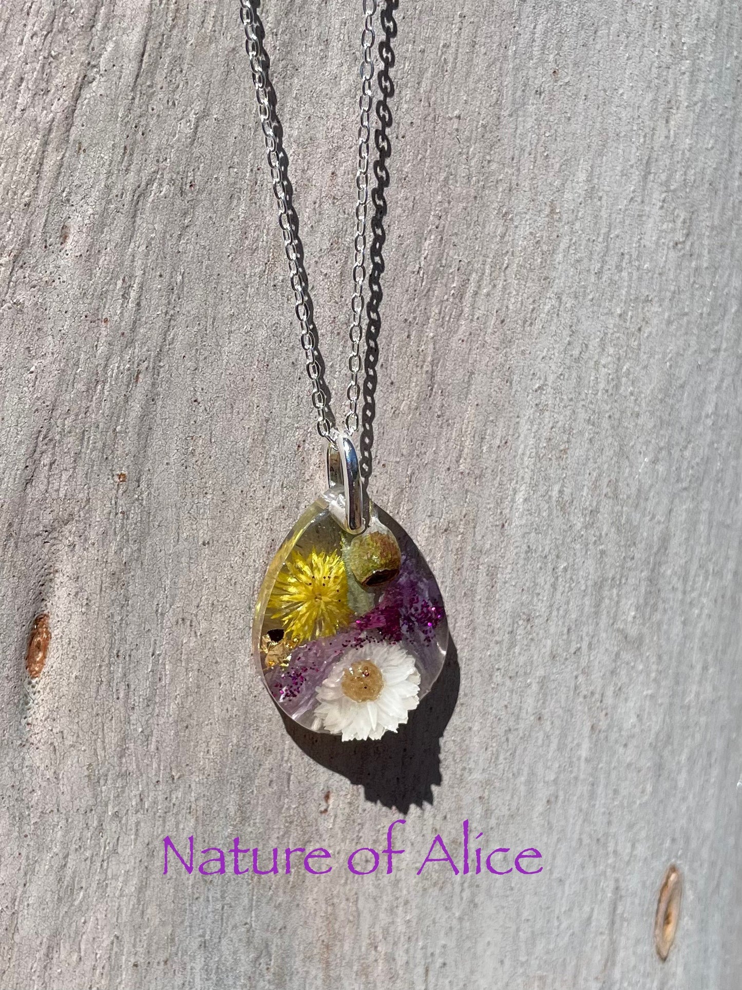 Pendant, necklace, native wildflowers, yellow button, white paper daisy, gumnut, eucalypt, desert rose, Central Australia, Northern Territory