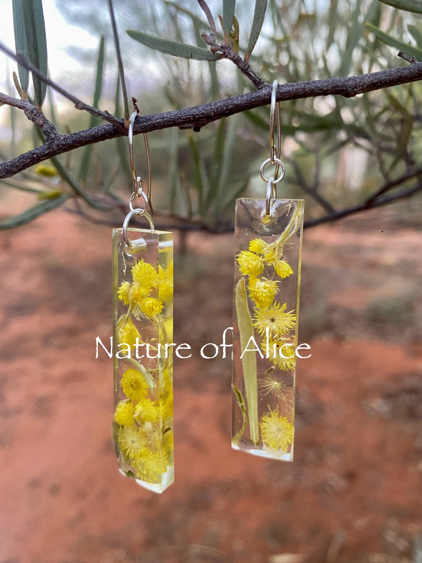 Yellow button, desert flame, earrings, Australian sterling silver 925, the red centre, Alice Springs, Central Australia, Northern Territory
