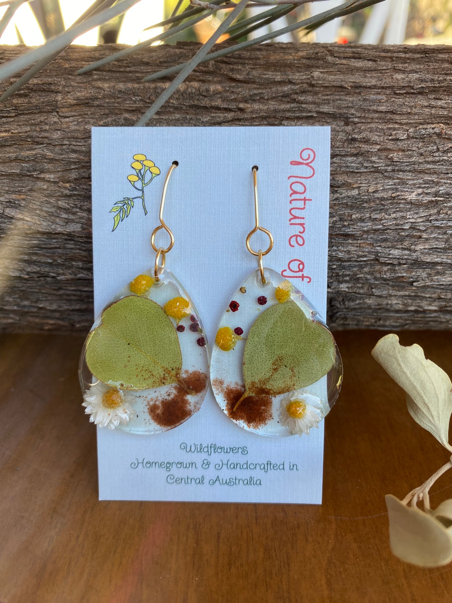 The Red Centre earrings, teardrop, gold, heart leaf mallee eucalypt, white paper daisy, billy button, nodding saltbush berry, red dirt, Alice Springs, Central Australia.