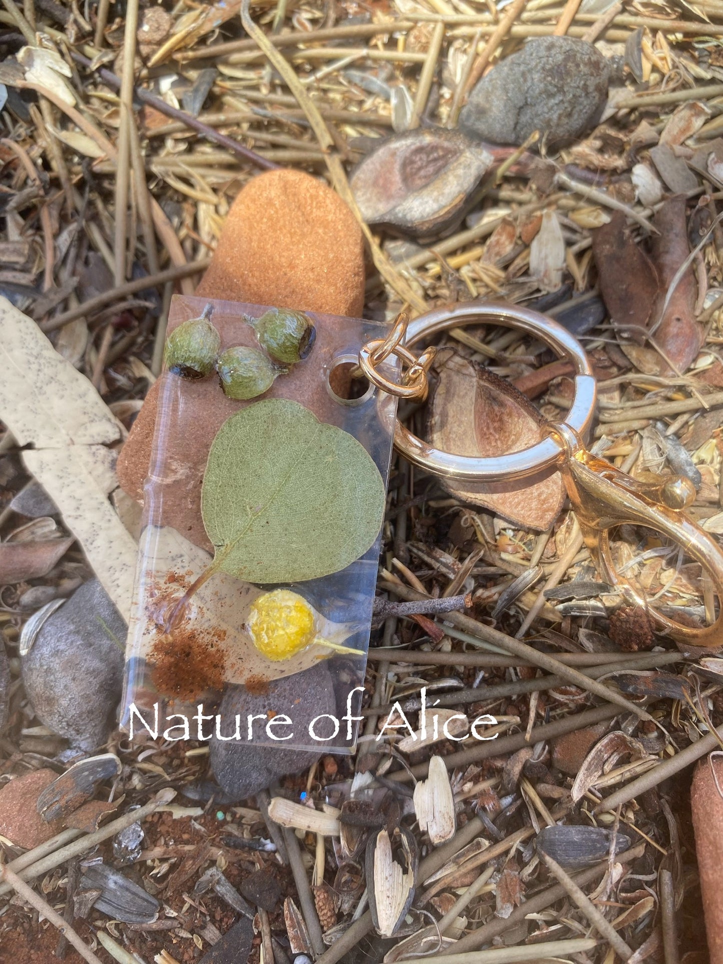 Keyring, Keychain, the Red Centre, Eucalypt mallee, heart shaped, billy button, red dirt, gum nut, gold, Alice Springs, Central Australia, Northern Territory