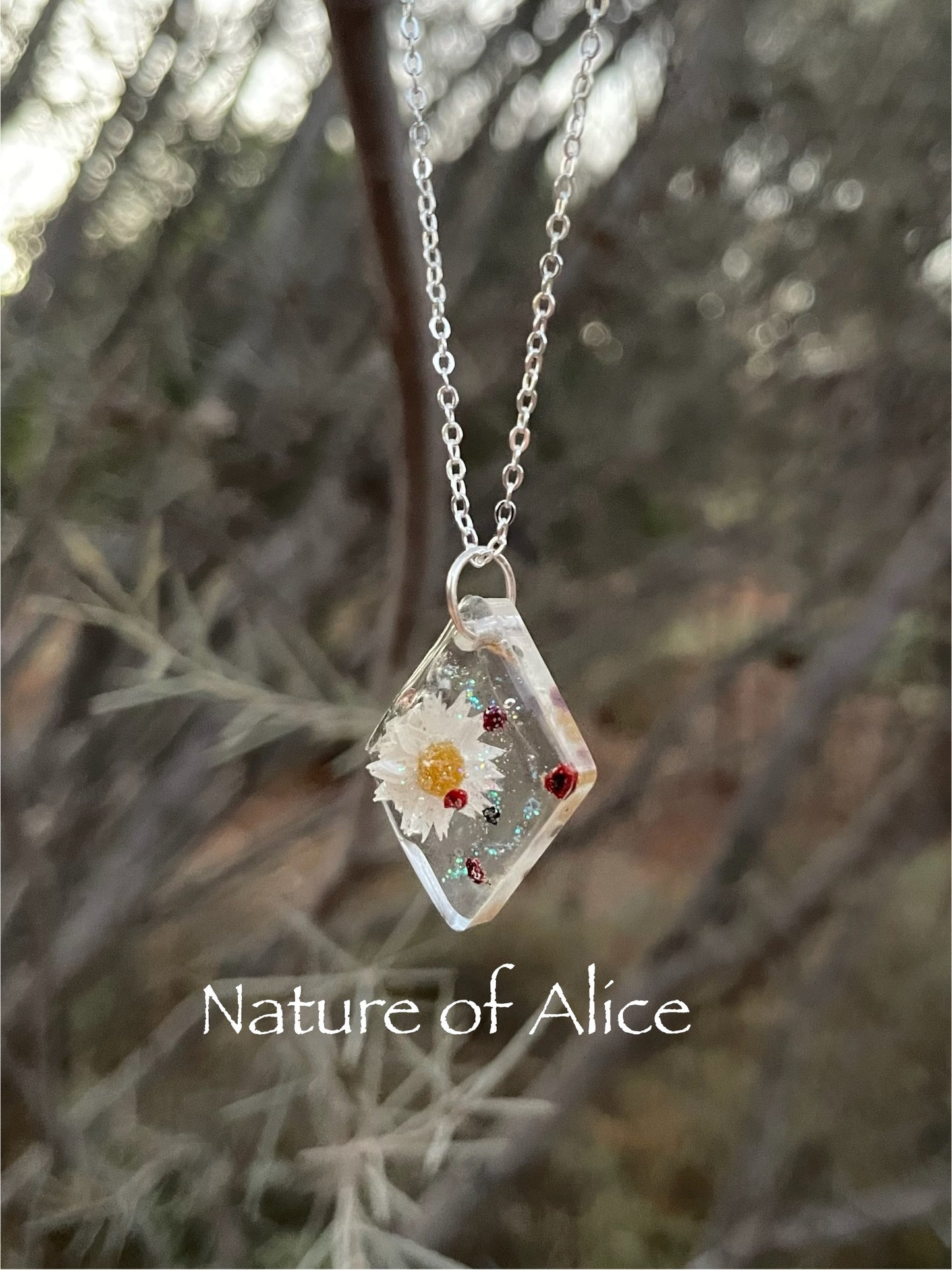 Pendant, necklace, silver, white paper daisy, nodding saltbush, native wildflowers, Alice Springs, Central Australia, bush