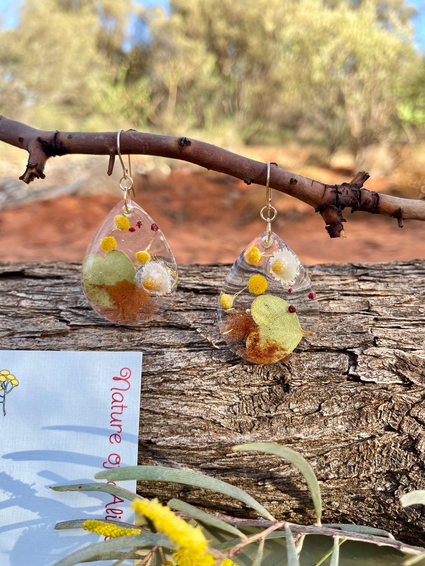The Red Centre earrings, teardrop, gold, heart leaf mallee eucalypt, white paper daisy, billy button, nodding saltbush red berry, red dirt, Alice Springs, Central Australia.