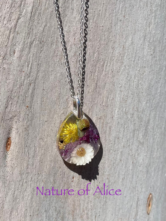 Pendant, necklace, native wildflowers, yellow button, white paper daisy, gumnut, eucalypt, desert rose, Central Australia, Northern Territory