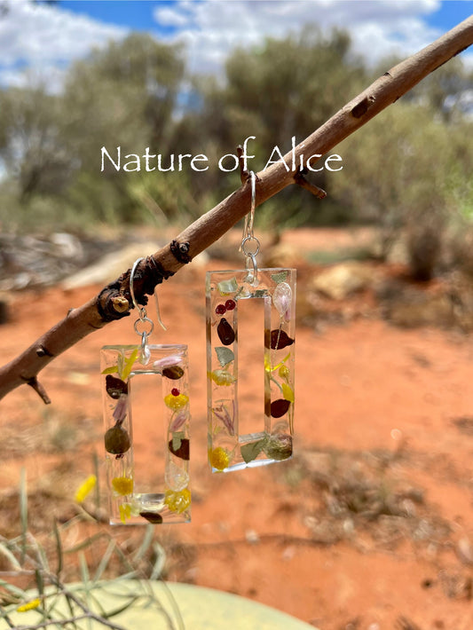 yellow button, desert cassia seed, senna, red saltbush berry, mallee eucalypt, white paper daisy, mulla, mulla, Sterling silver 925 earring hooks, Alice Springs, Central Australia, wildflowers, Northern Territory