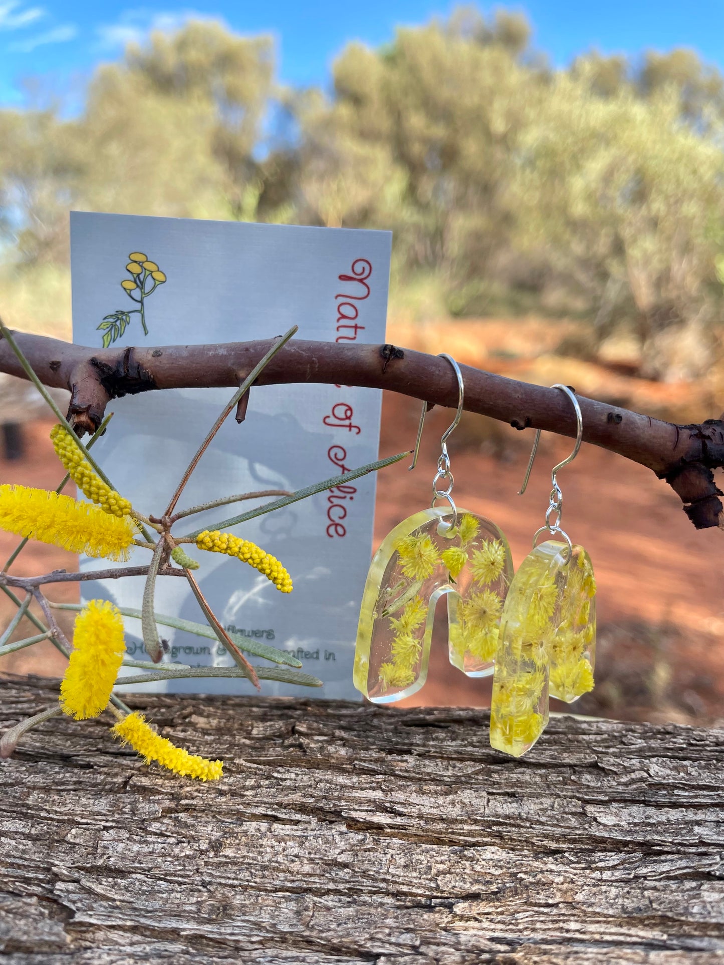Yellow button, desert flame, earrings, Australian sterling silver 925, the red centre, Alice Springs, Central Australia, Northern Territory, inverted U Shape